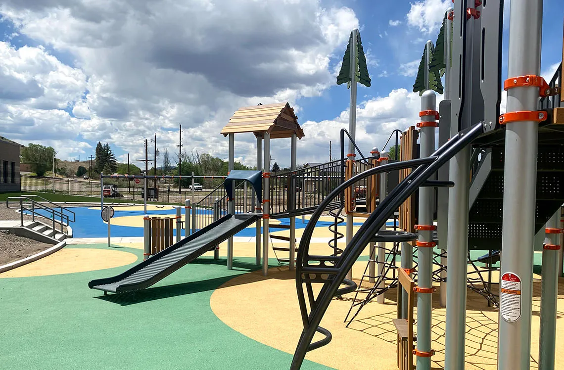 Single roller slide at Del Norte Elementary School playground in Del Norte, CO